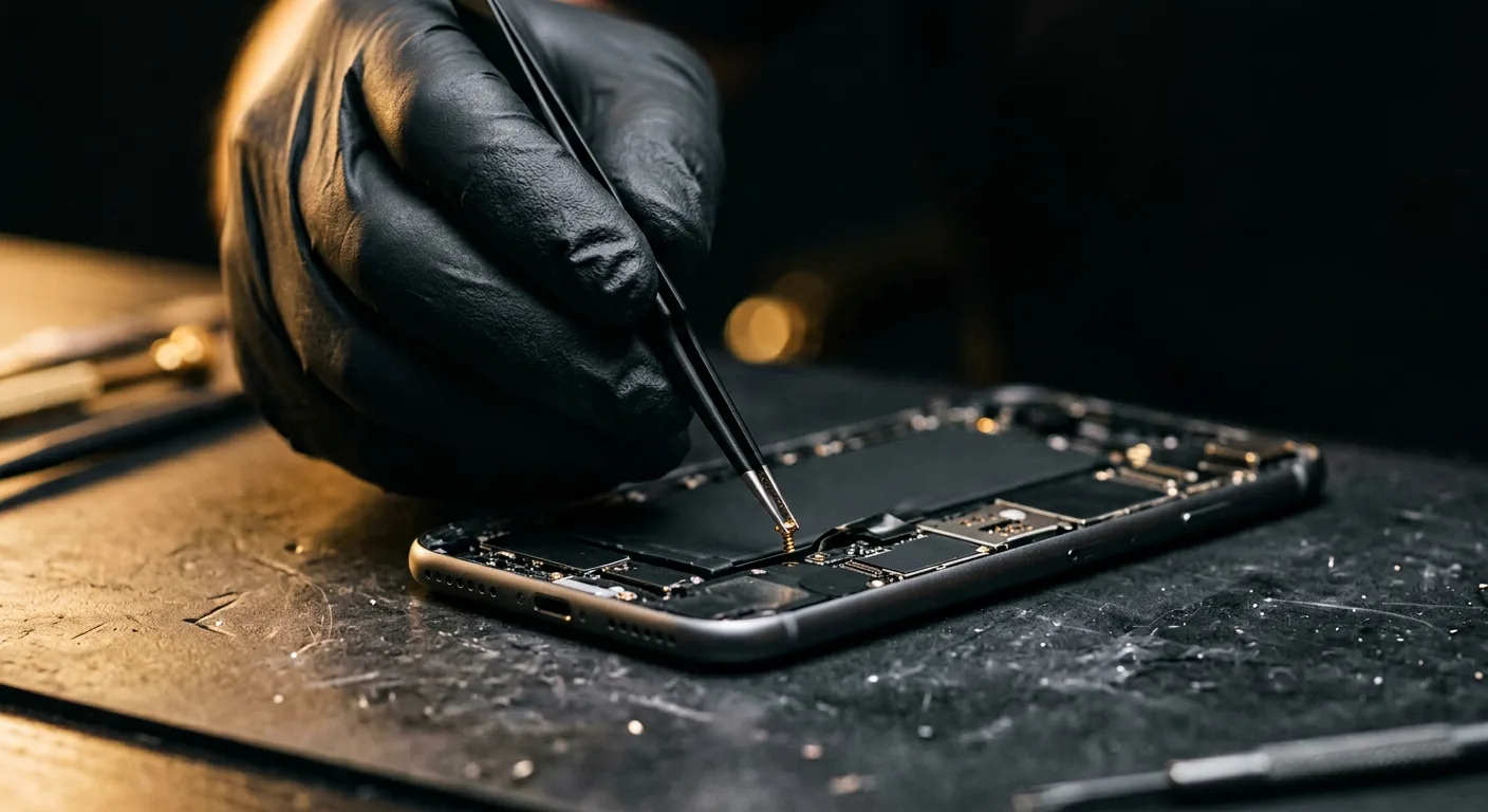 Close-up of a technician lifting a screw from an opened smartphone at the Ali Telecom bench in Rio de Mouro